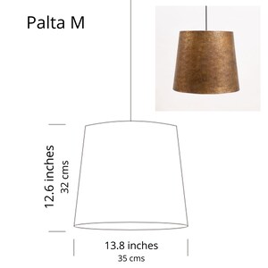 May include: A line drawing of a pendant light with the text "Palta M" above it. The light has a 12.6 inch (32 cm) drop and a 13.8 inch (35 cm) diameter.