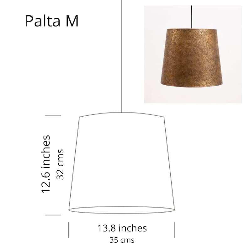 May include: A line drawing of a pendant light with the text "Palta M" above it. The light has a 12.6 inch (32 cm) drop and a 13.8 inch (35 cm) diameter.