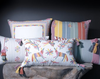 Dulce Sweet Collection Authentic Mexican Throw Pillow Cover Set. Organic Cotton Embroidered Case Decorative 100% Handmade Decor Textile Art