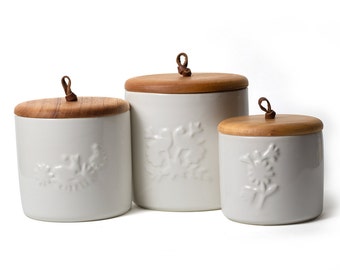 Tuk Jars Set - Beautiful Ceramic Containers with Wooden Lids with Leather Details. Kitchen Pantry Bathroom Organizers