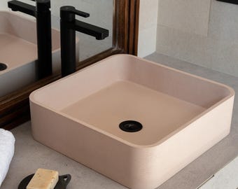 Baru Square Modern Concrete Vessel Sink Washbasin. Mexico 100% Handmade Luxury Wall Mount Basin Powder Room Vanity Bathroom Countertop Sink