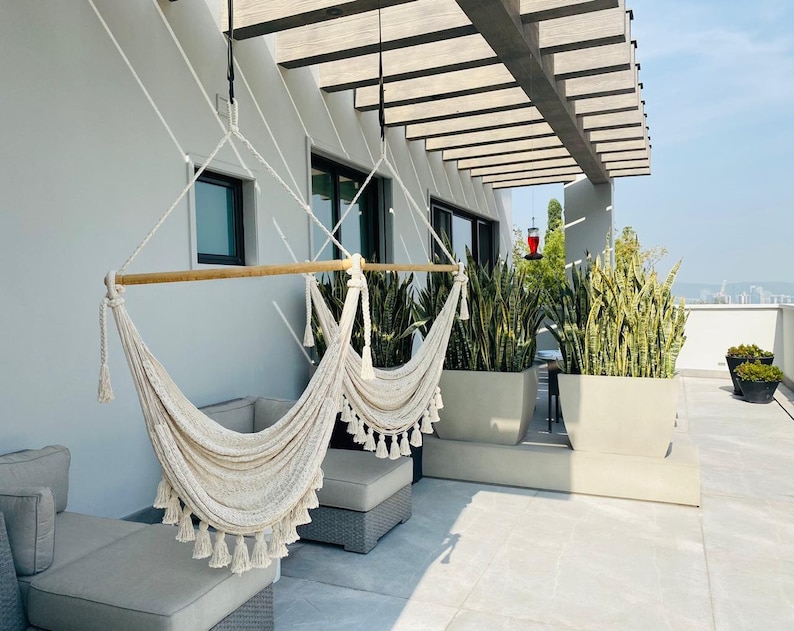 Columpio Handwoven Mexican Cotton Luxury Hammock Swing Chair with Pom Poms. Boutique Hotel. Mexican Made. Bedroom, Patio, Porch or Tree. image 1