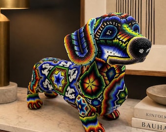 Huichol Beaded Dachshund Dog Sculpture, Wixárika Folk Art, Handmade Mexican Wiener Dog Figurine, Colorful Beaded Animal Decor