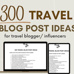 Peut inclure: Un ordinateur portable et une tablette affichent une liste de 300 idées de billets de blog de voyage pour les blogueurs et les influenceurs. Le texte à l'écran indique "300 idées de billets de blog de voyage".