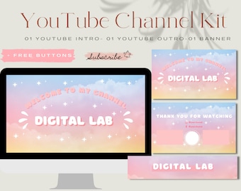 Esthetische aangepaste geanimeerde YouTube-intro, YouTube Outro, YouTube-banner, sjabloon Canva bewerkbaar, Rainbow YouTube-brandingkit, kanaalkit