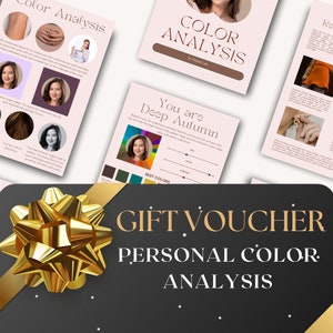 May include: Gift voucher for a personal color analysis. The voucher features a gold bow and the text "GIFT VOUCHER PERSONAL COLOR ANALYSIS".
