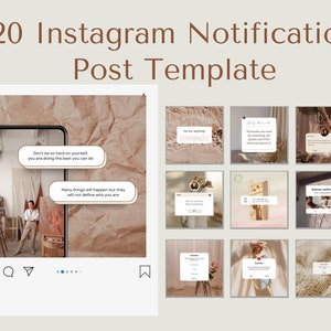 Könnte beinhalten: Eine Collage aus neun Instagram-Benachrichtigungsvorlagen mit beigefarbenem Hintergrund. Die Benachrichtigungen zeigen verschiedene Texte und Bilder, darunter eine Frau, die vor einer Leinwand steht, eine Uhr und eine Hand, die eine Blume hält. Der Text in den Benachrichtigungen enthält Zitate über Selbstpflege und Motivation.