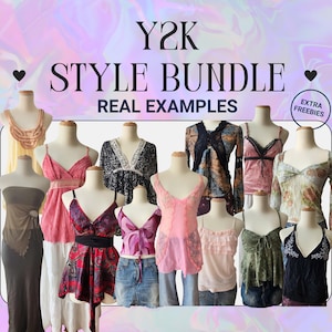 May include: A collection of Y2K style clothing items displayed on mannequins. The image features a variety of tops, dresses, and skirts in various colors and patterns. The text "Y2K STYLE BUNDLE REAL EXAMPLES" is displayed at the top.