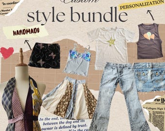 Può includere: Una collezione di capi di abbigliamento fatti a mano, tra cui un top all'americana, una gonna, una camisole, una t-shirt, jeans e una canotta. Gli articoli sono in vari colori e fantasie, con le parole "Custom style bundle" e "Handmade".