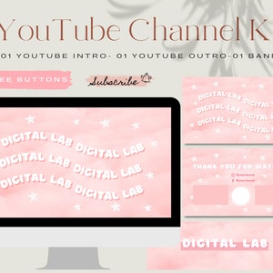 Aesthetic Custom Animated Youtube Intro, Youtube Outro, Youtube Banner, Template Canva Editable, Pink YouTube branding kit, Channel kit