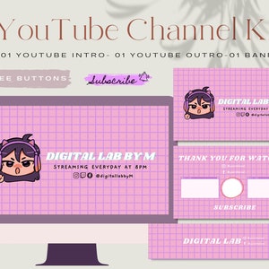 Custom Animated Youtube Intro, Purple Pink Gaming Youtube Outro, Youtube Banner, Template Canva Editable, YouTube branding kit, Channel kit