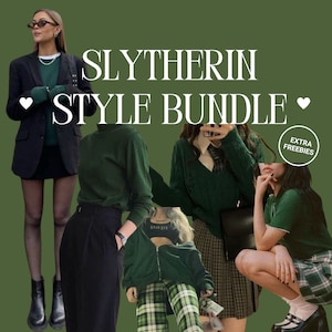 May include: A collage of images featuring different green outfits, including a green sweater, a green blazer, a green plaid skirt, and a green sweater with a plaid pattern. The text "Slytherin Style Bundle" is featured in the image.