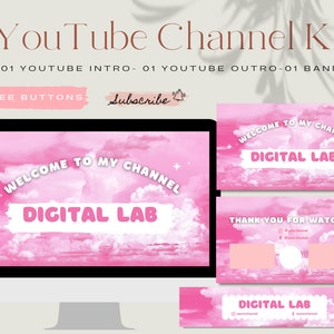Editable Animated Youtube Intro Outro, Youtube Banner, Custom Template Canva, Pink Cloud Gaming YouTube branding kit, Channel Art Design
