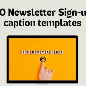 May include: A laptop computer with a yellow screen displaying the word "SUBSCRIBE" in white letters on black tiles. A hand is pointing at a circle on the screen.