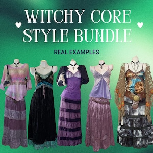 May include: A collection of five witchy core style outfits displayed on mannequins. The outfits include layered skirts, tops, and accessories in shades of purple, black, and brown. The text "Witchy Core Style Bundle" is displayed at the top.