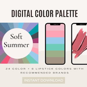 Soft Summer Seasonal Color Swatch, 24 Palette Colors, 6 Lipstick Shades, Color Theory, Personalized Color, Digital Download