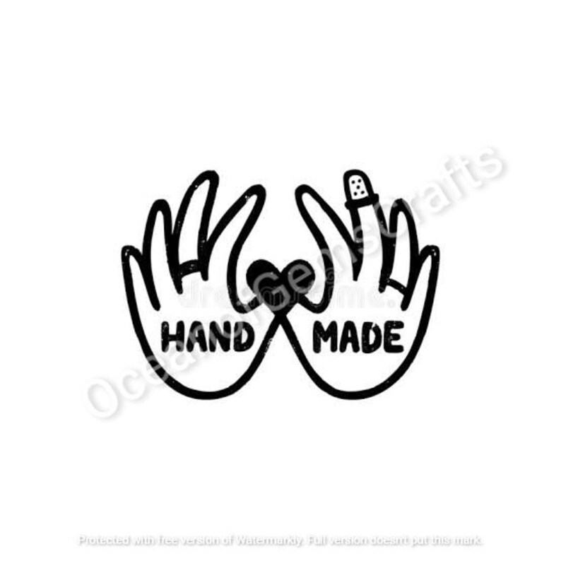 May include: Black and white illustration of two hands forming a heart shape with the words "HAND MADE" written inside.