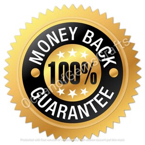 May include: A gold star-shaped seal with a black circle in the center. The circle has white text that reads "Money Back 100% Guarantee".