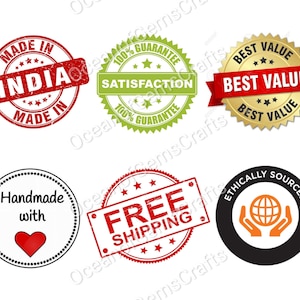 May include: Six different red, green, gold, and black circular stamps with white text. The stamps say "Made in India", "100% Guarantee Satisfaction", "Best Value", "Handmade with", "Free Shipping", and "Ethically Sourced".