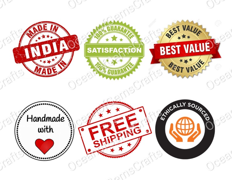 May include: Six different red, green, gold, and black circular stamps with white text. The stamps say "Made in India", "100% Guarantee Satisfaction", "Best Value", "Handmade with", "Free Shipping", and "Ethically Sourced".
