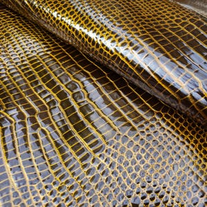 Brown gold patent crocodile embossed sheep hide, reptile textured real leather supplies for purses