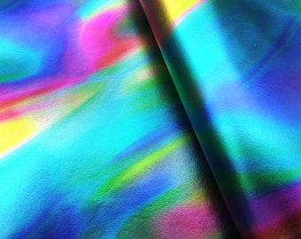 Rainbow blue metallic leather hides, colorful gasoline genuine italian calf fabric, DIY crafts, 0.9 - 1.1 mm thick