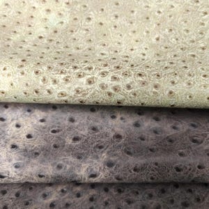 May include: A close-up of three layers of textured leather in beige, green, and grey. The leather has a distinctive pattern of small, evenly spaced holes, resembling ostrich skin. The layers are slightly overlapping, showcasing the different colours and textures.