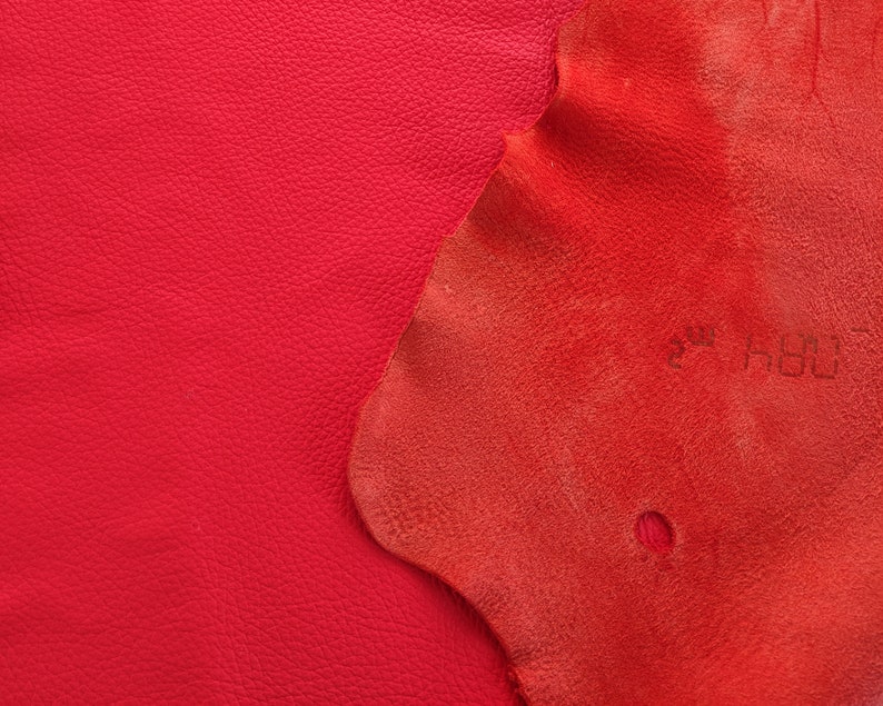 May include: Two pieces of red leather, one smooth and one textured. The textured leather has a small hole in it.