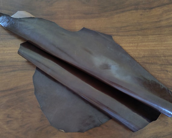Thin shiny dark chocolate brown veg tan Italian kangaroo leather, full grain glossy leather hide , DIY leather crafts,  0.3-0.5mm thick