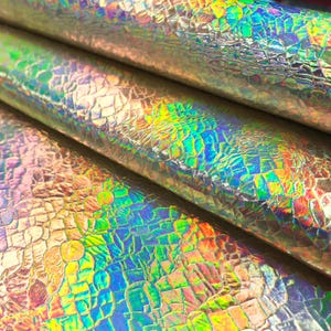 Light gold rainbow iridescent crackled hide pieces, holographic metallic genuine leather supplies for bags and jewelry crafts