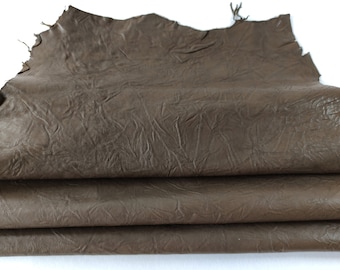 Wrinkled khaki brown vintage veg tan goat leather hide, antiqued soft vegetable tanned full grain goatskin, 0.7-1 mm thick