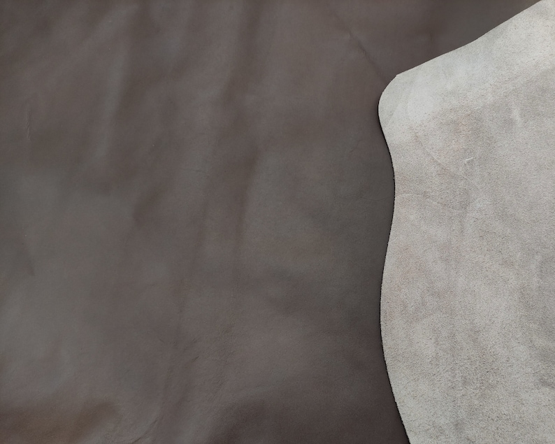 Premium dark brown cow leather pieces for bags and crafts, shown folded to  reveal a grayish beige suede-like backside