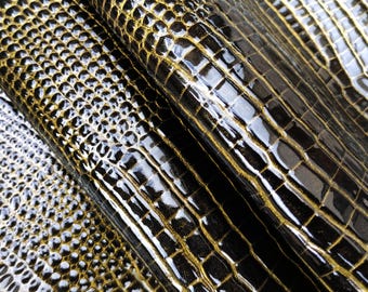 Peças em couro legítimo de ovelha com textura de crocodilo em verniz preto, couro de luxo para bolsas e joias.