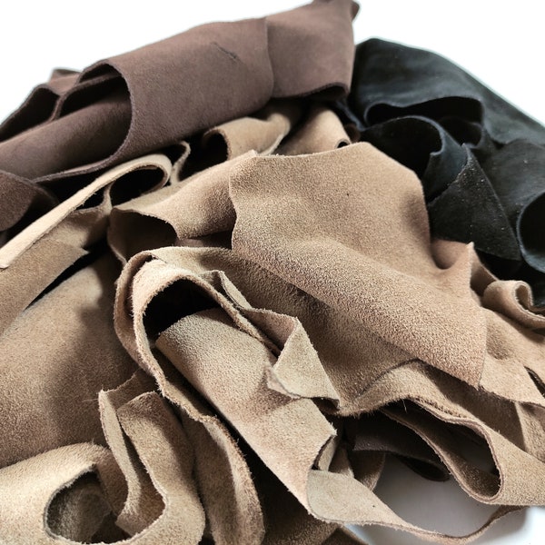 1 lb leather scraps, beige black and brown split suede pieces, mix leather remnants for crafts