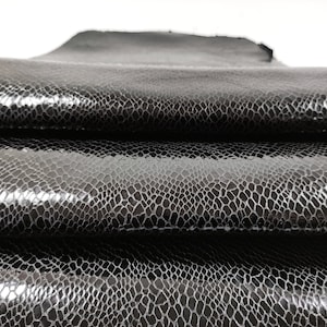 Glossy black reptile textured goat leather whole hide, genuine goatskin snake print luxury leather for crafts, thickness 0.6 - 0.9mm