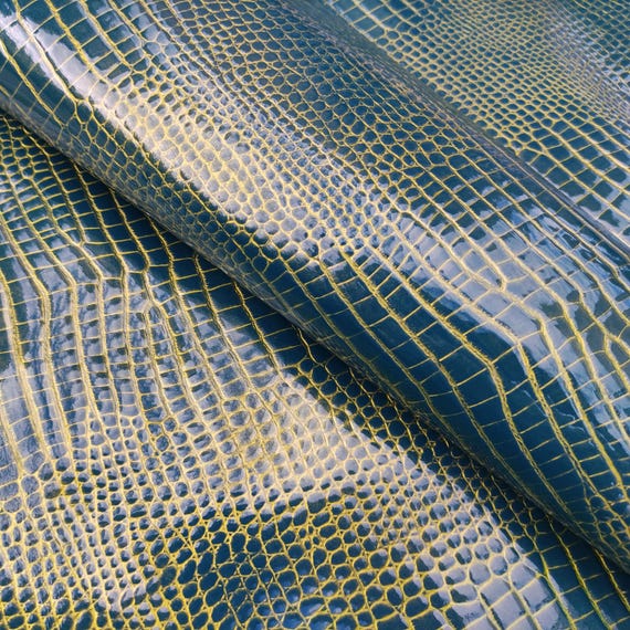 Blue gold patent crocodile embossed real sheep hide pieces, reptile leather for purses wholesale