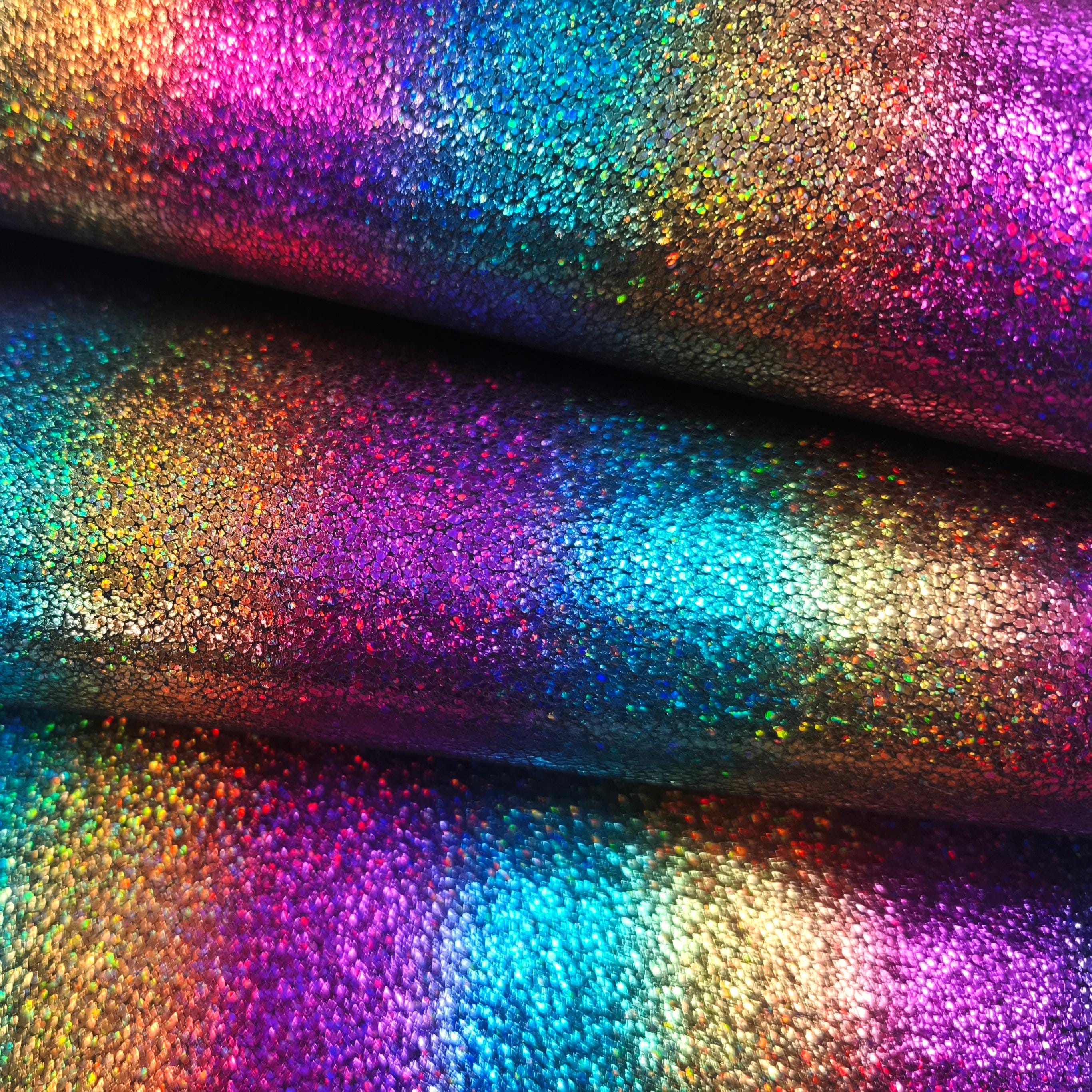 Rainbow glitter sheep hides, iridescent leather fabric supplies for purses, metallic holographic pieces for jewelry crafts