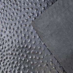 May include: Close-up of black ostrich leather with a distinctive bumpy texture. The leather has a glossy finish and is folded over to reveal a smooth, matte underside. The surface is covered in small, raised bumps.