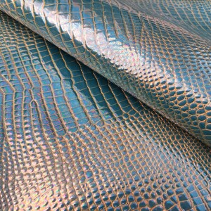 Petrol holographic patent crocodile embossed hide, light blue rainbow iridescent leather supplies for crafts
