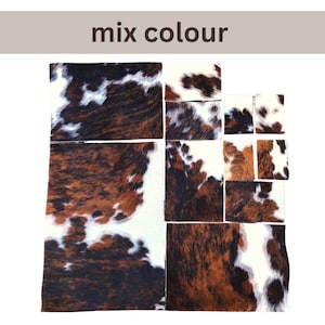 May include: A collection of cowhide pieces in various sizes and shapes, featuring a mix of brown, black, and white patterns. The text "mix colour" is displayed at the top of the image.