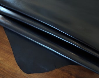 Thin dark blue kangaroo full grain hide, luxury glossy veg tan italian k leather, leather for crafts, 0.4-0.6mm thick