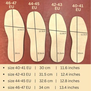 May include: Four wooden shoe insoles with size and measurement details. Sizes range from 40-41 EU to 46-47 EU, with lengths from 11.6 inches to 13.4 inches. Each insole has cross-section measurements in centimeters.
