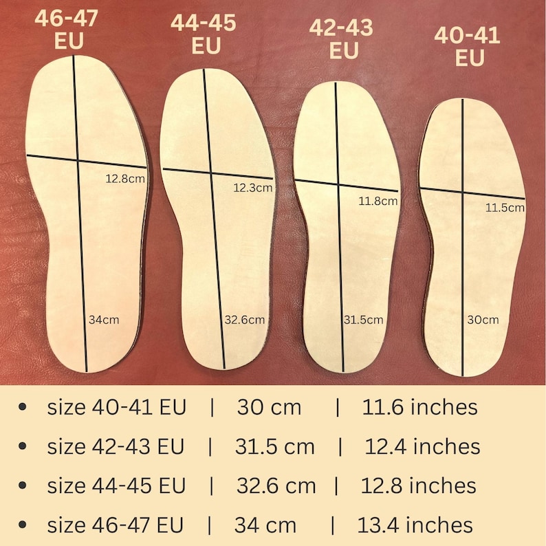 May include: Four wooden shoe insoles with size and measurement details. Sizes range from 40-41 EU to 46-47 EU, with lengths from 11.6 inches to 13.4 inches. Each insole has cross-section measurements in centimeters.