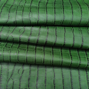 Peut inclure: Gros plan sur du cuir embossé vert crocodile. Le cuir est plié en plusieurs couches, ce qui permet de voir la texture et les détails du motif gaufré.