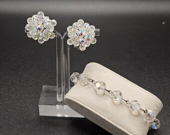 Crystal Aurora Borealis Bracelet + Cluster Clip-on Earrings Set