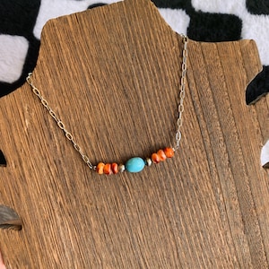 Genuine Spiny Oyster, Turquoise, and Navajo Pearls, Bar Necklace, Western Jewelry, Paperclip Chain Necklace, Orange Spiny