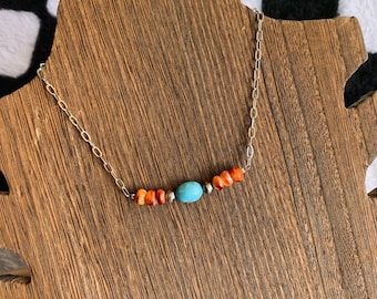 Genuine Spiny Oyster, Turquoise, and Navajo Pearls, Bar Necklace, Western Jewelry, Paperclip Chain Necklace, Orange Spiny