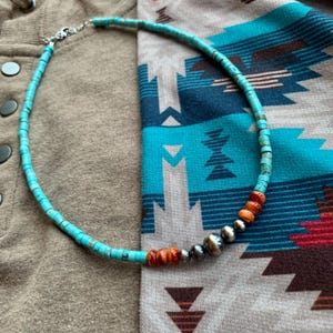 Genuine Navajo Pearl Necklace, Turquoise Heshi, Orange Spiny Oyster, Western Jewelry, Statement Necklace