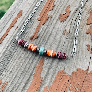 Genuine Orange and Purple Spiny Oyster with Navajo Pearl and kingsman turquoise, Bar Necklace, Western Jewelry, Paperclip Chain Necklace