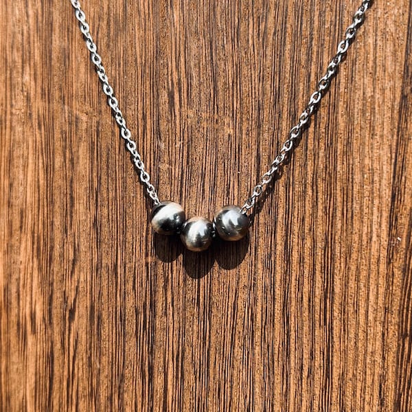 Collar de 3 perlas navajo auténticas, perlas de plata de ley de 8 mm, joyería occidental, cadena con clip